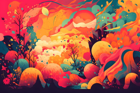 Image of colorful landscape with trees and mountains in the background, with red sky. Generative AI.の素材