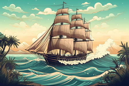 Ship in the middle of large body of water with sky background. Generative AI.の素材