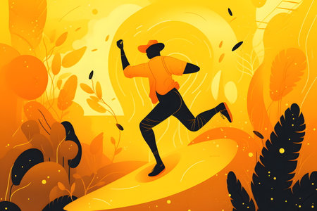Man in yellow shirt is running on yellow hill with leaves. Generative AI.の素材