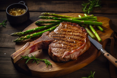 Piece of steak and asparagus on cutting board with knife. Generative AI.の素材
