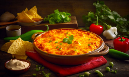 Casserole dish on red cloth next to chips and vegetables. Generative AI.の素材