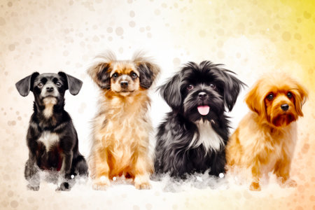 Group of three dogs sitting next to each other on white background. Generative AI.の素材
