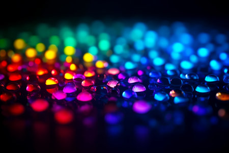 Close up of bunch of different colored lights on black background. Generative AI.の素材