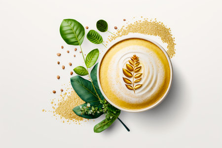 Cup of coffee with leaf on top of it next to some green leaves. Generative AI.の素材