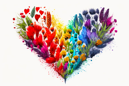 Heart shaped arrangement of colorful flowers and hearts painted on the side of it. Generative AI.の素材