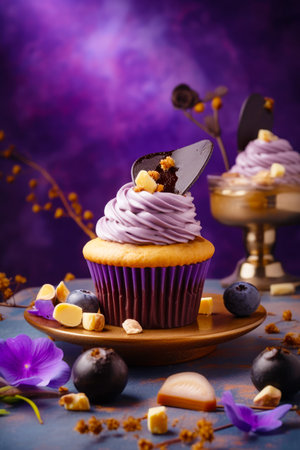 Cupcake with knife sticking out of it sitting on plate. Generative AI.の素材