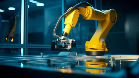 Yellow robot is working on piece of metal in machine shop. Generative AI.の素材