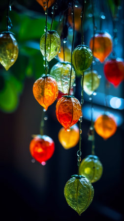 Close up of bunch of lights hanging from wire with leaves. Generative AI.の素材