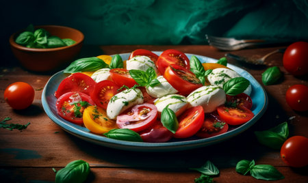 Plate of tomatoes, mozzarella and basil on wooden table. Generative AI.の素材