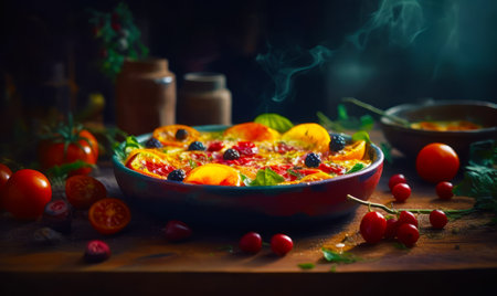 Dish of food on table with tomatoes and other food items around it. Generative AI.の素材