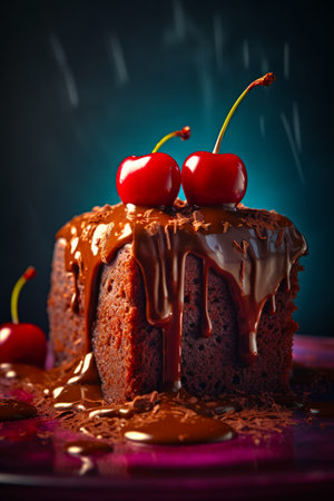 Piece of cake with chocolate icing and cherries on top of it. Generative AI.の素材