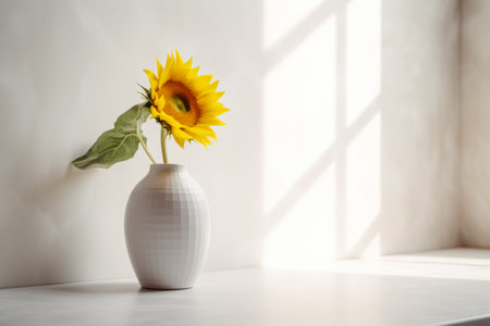 White vase with yellow sunflower in it on white table. Generative AI.の素材