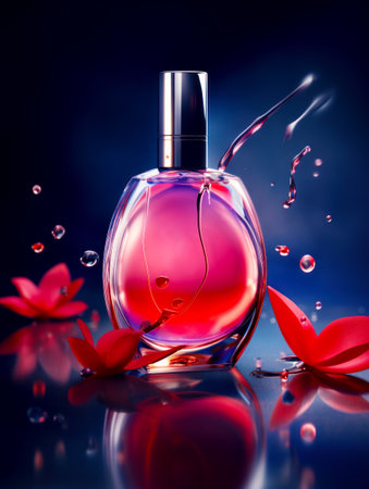 Bottle of perfume sitting on top of table next to red flowers. Generative AI.の素材