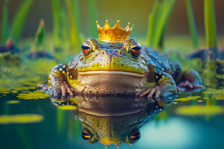 Frog with crown sitting on top of it's head in the water. Generative AI.の素材