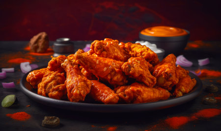 Plate full of chicken wings with sauce on the side of the plate. Generative AI.の素材