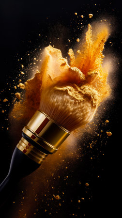 Close up of makeup brush with powder on the top of it. Generative AI.の素材