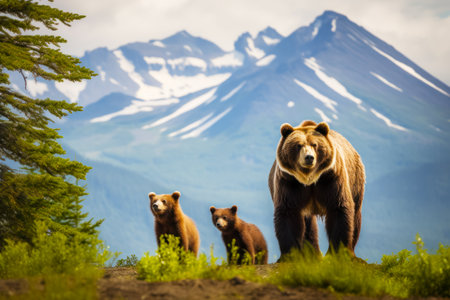 Mother bear and her two cubs stand on hill with snow capped mountains in the background. Generative AI.の素材