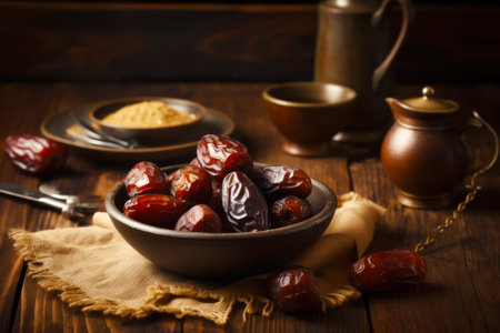 Bowl full of dates sitting on table next to tea pot. Generative AI.の素材
