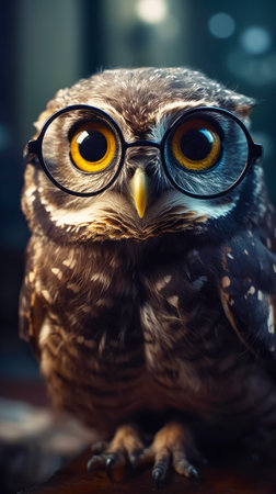 Close up of owl wearing pair of eyeglasses with blurry background. Generative AI.の素材