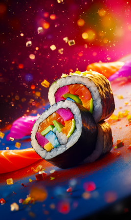 Close up of sushi roll on table with confetti. Generative AI.の素材