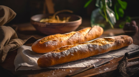Two loaves of bread sitting on table next to bowl of pasta. Generative AI.の素材