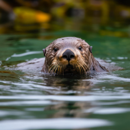 Close up of sea otter swimming in body of water with it's head above the water's surface. Generative AI.の素材