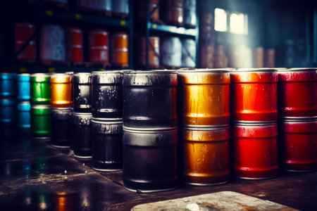 Bunch of barrels that are sitting on table in room with shelves. Generative AI.の素材