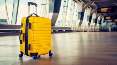 Yellow piece of luggage sitting on tile floor in airport terminal. Generative AI.の素材