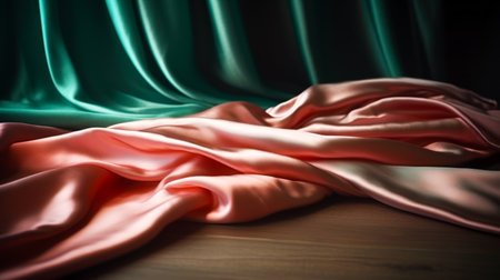 Close up of pink and green cloth on wooden floor with green curtain in the background. Generative AI.の素材