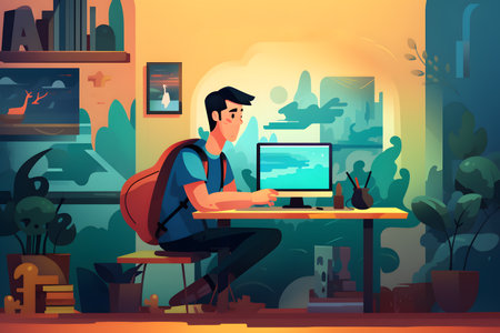 Man sitting at computer desk with backpack on his back and backpack on his shoulder. Generative AI.の素材