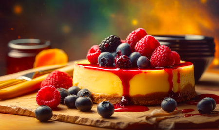 Cheesecake topped with berries and blueberries on wooden cutting board. Generative AI.の素材