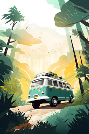 Van driving through forest with surfboard on top of it. Generative AI.の素材