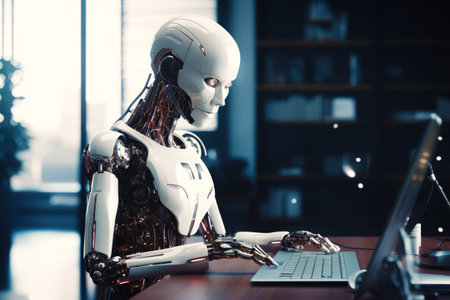 Robot sitting at desk with laptop computer in front of him. Generative AI.の素材