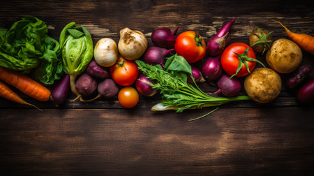 Bunch of different types of vegetables on top of wooden table next to each other. Generative AI.の素材
