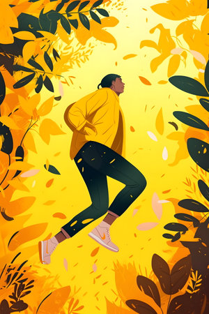 Man in yellow jacket is running through the field of yellow leaves. Generative AI.の素材