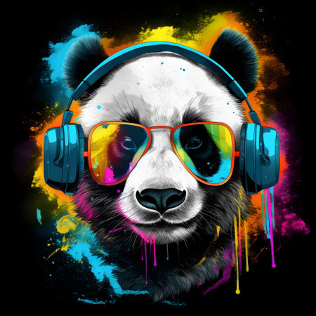 Panda bear wearing headphones and headphones with paint splatters. Generative AI.の素材
