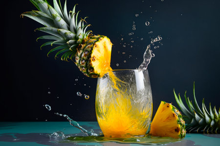Pineapple splashing into glass of water on blue surface. Generative AI.の素材