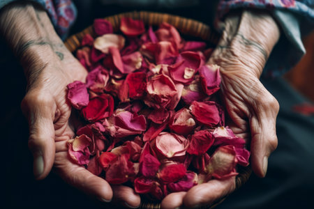 Person holding basket full of flowers in their hands with both hands on top of the basket. Generative AI.の素材