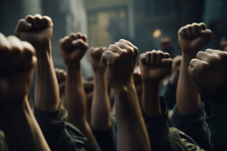 Group of people raising their hands in the air with their fists raised. Generative AI.の素材
