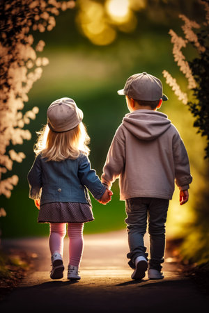 Little boy and little girl holding hands while walking down path. Generative AI.の素材