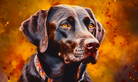 Close up of dog's face with yellow and red background. Generative AI.の素材