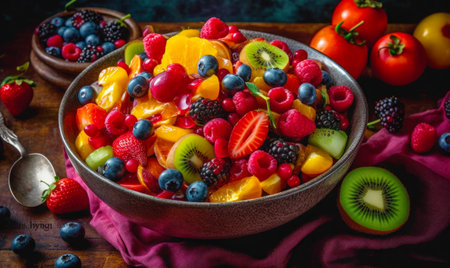 Bowl filled with lots of different types of fruit on top of table. Generative AI.の素材