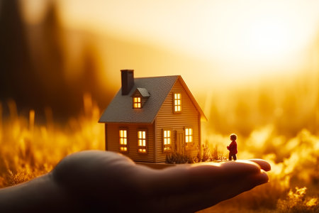 Person holding small house in their hand with the sun shining in the background. Generative AI.の素材