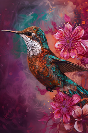 Image of hummingbird sitting on branch with flowers in the background. Generative AI.の素材
