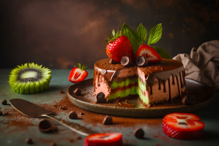Piece of cake with chocolate icing and strawberries on plate. Generative AI.の素材