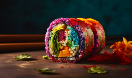 Close up of multicolored cloth rolled up on table. Generative AI.の素材