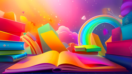 Open book sitting on top of table next to rainbow colored book. Generative AI.の素材