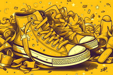 Drawing of pair of yellow sneakers with stars and confetti. Generative AI.の素材
