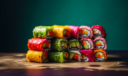 Pile of colorful sushi rolls sitting on top of wooden table. Generative AI.の素材