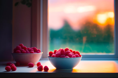 Bowl of raspberries sitting next to bowl of raspberries. Generative AI.の素材